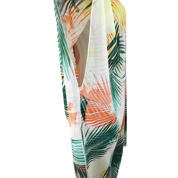 Forever 21 Contemporary Medium Midi Kimono Leaf Print Open Front Semi-Sheer Slit - Picture 3 of 8